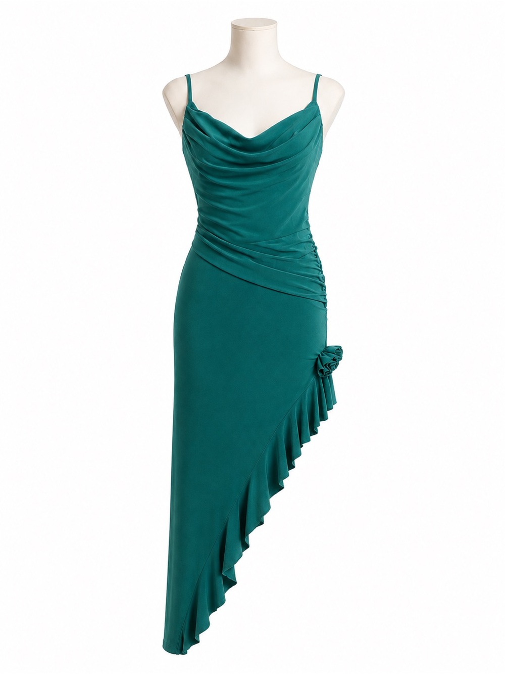 Teal Asymmetrical Ruffle Slip Dress
